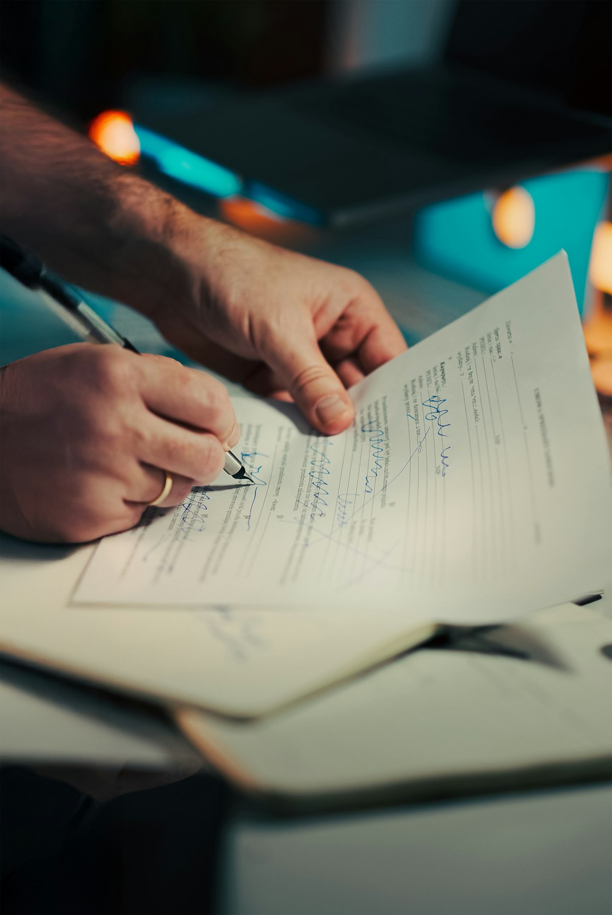 Hands signing a legal document with a pen